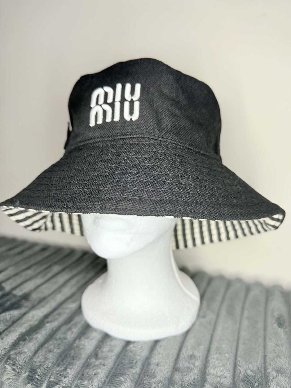 Miu Miu Black Kids Reversible Bucket Hat with Striped Brim